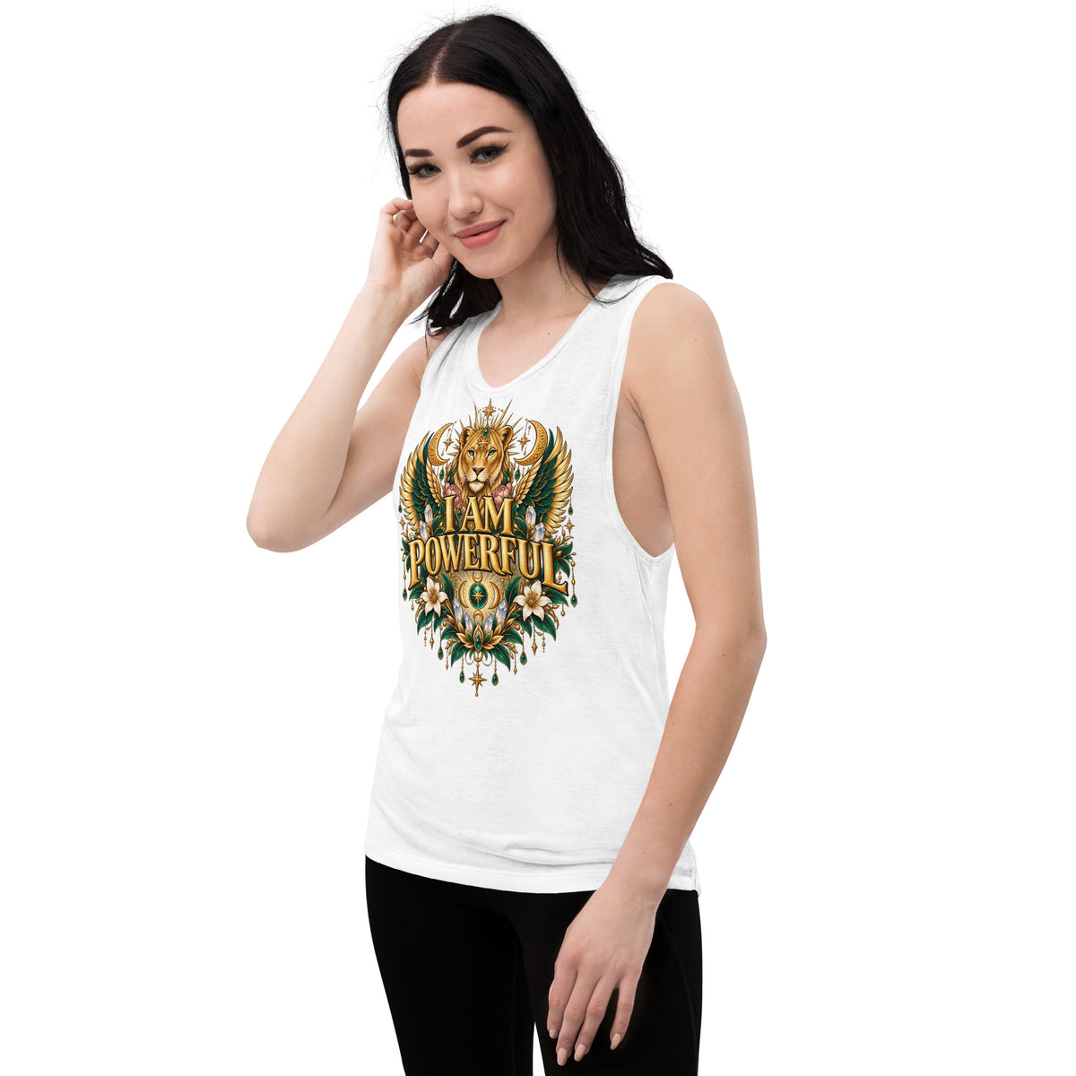 I Am Powerful affirmation design, a crowned winged lioness, on a white ladies' muscle tank, angled left front view
