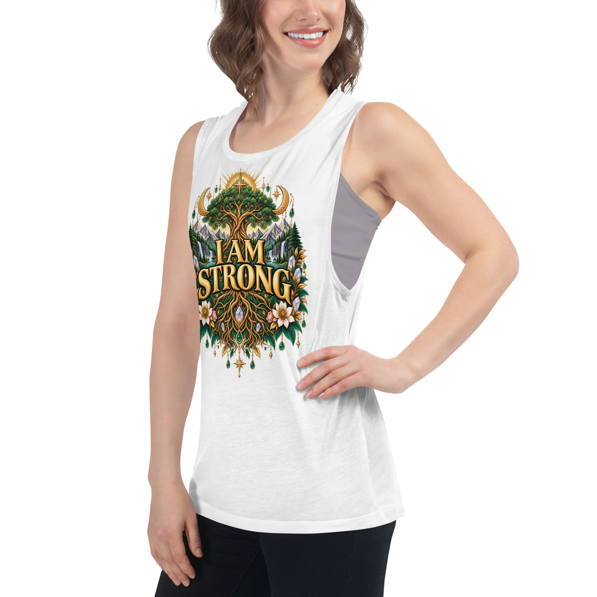 I Am Strong affirmation design, a tree with roots as wide as its canopy, on a white ladies' muscle tank, angled left front view