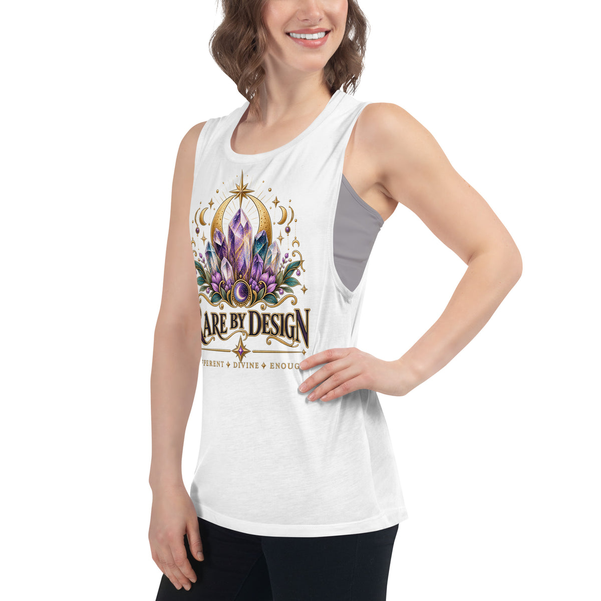 Rare By Design Crystals design, an amethyst cluster, on a white ladies' muscle tank, angled left front view