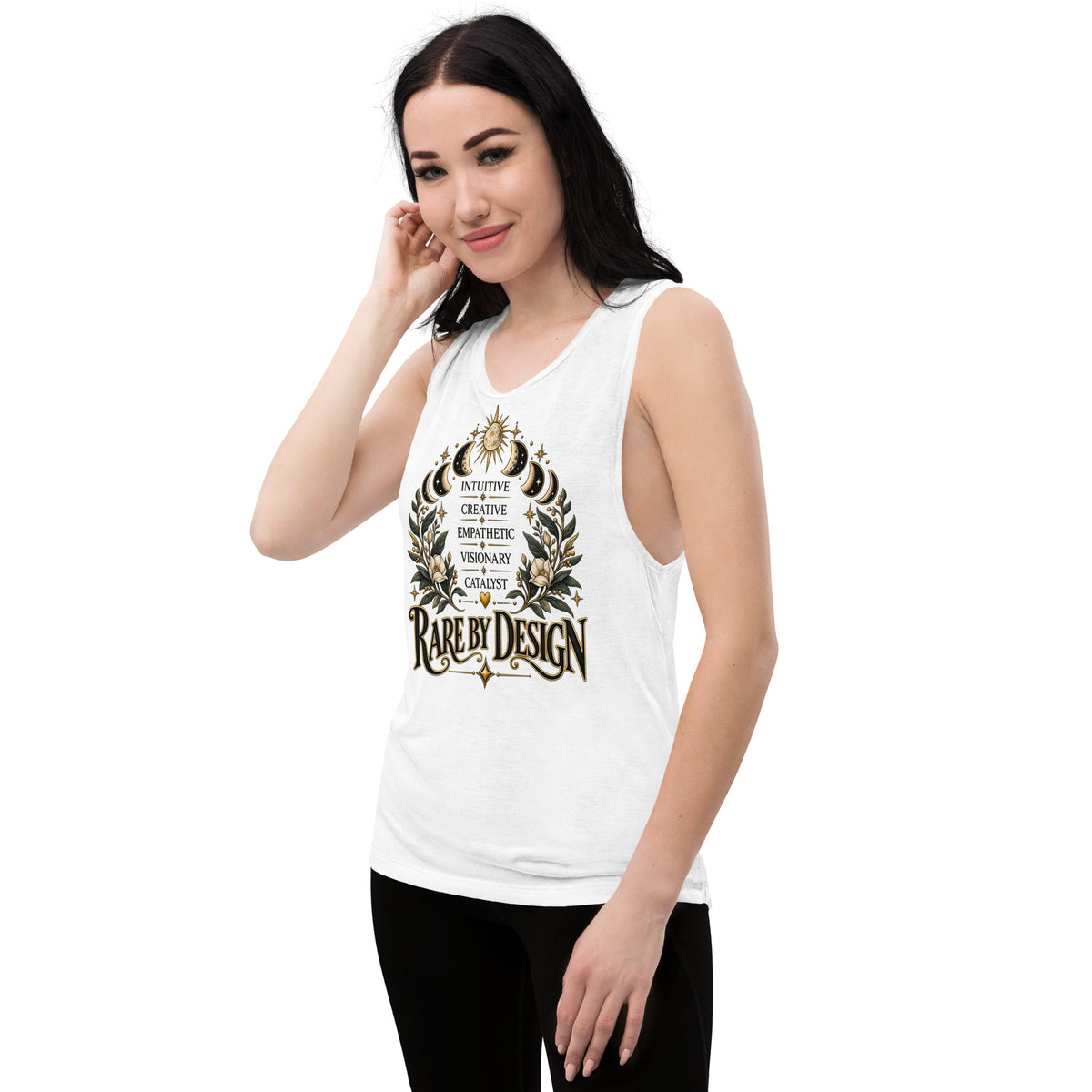 Rare By Design design with the words Intuitive, Creative, Empathic, Visionary, Catalyst, on a white ladies' muscle tank, angled left front view