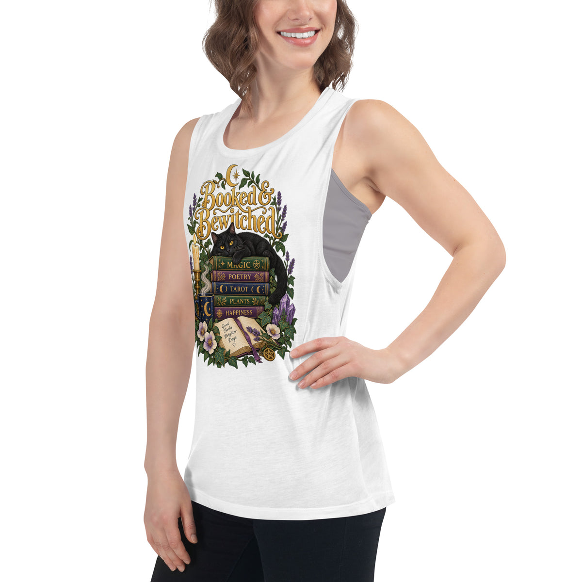 Booked and Bewitched dark academia design, a black cat asleep on a stack of spellbooks, on a white ladies muscle tank, left front view
