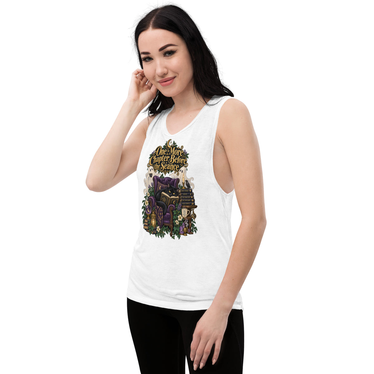 One More Chapter Before The Séance dark academia design, a black cat reading in a velvet armchair with two ghosts, on a white ladies muscle tank, left front view