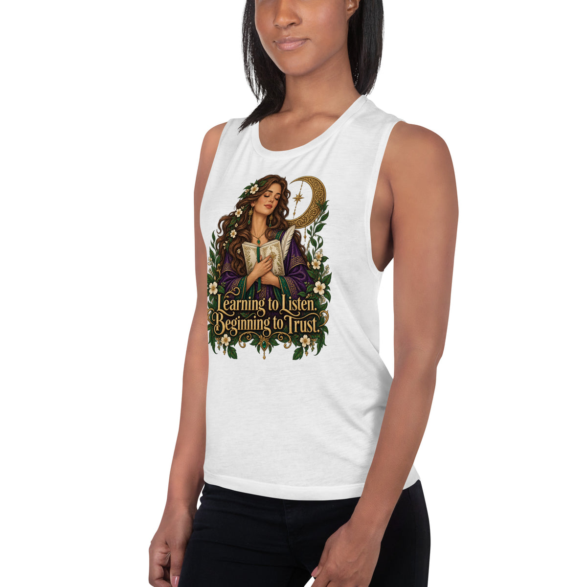 Learning To Listen, Beginning To Trust design, on a white ladies' muscle tank, angled left front view