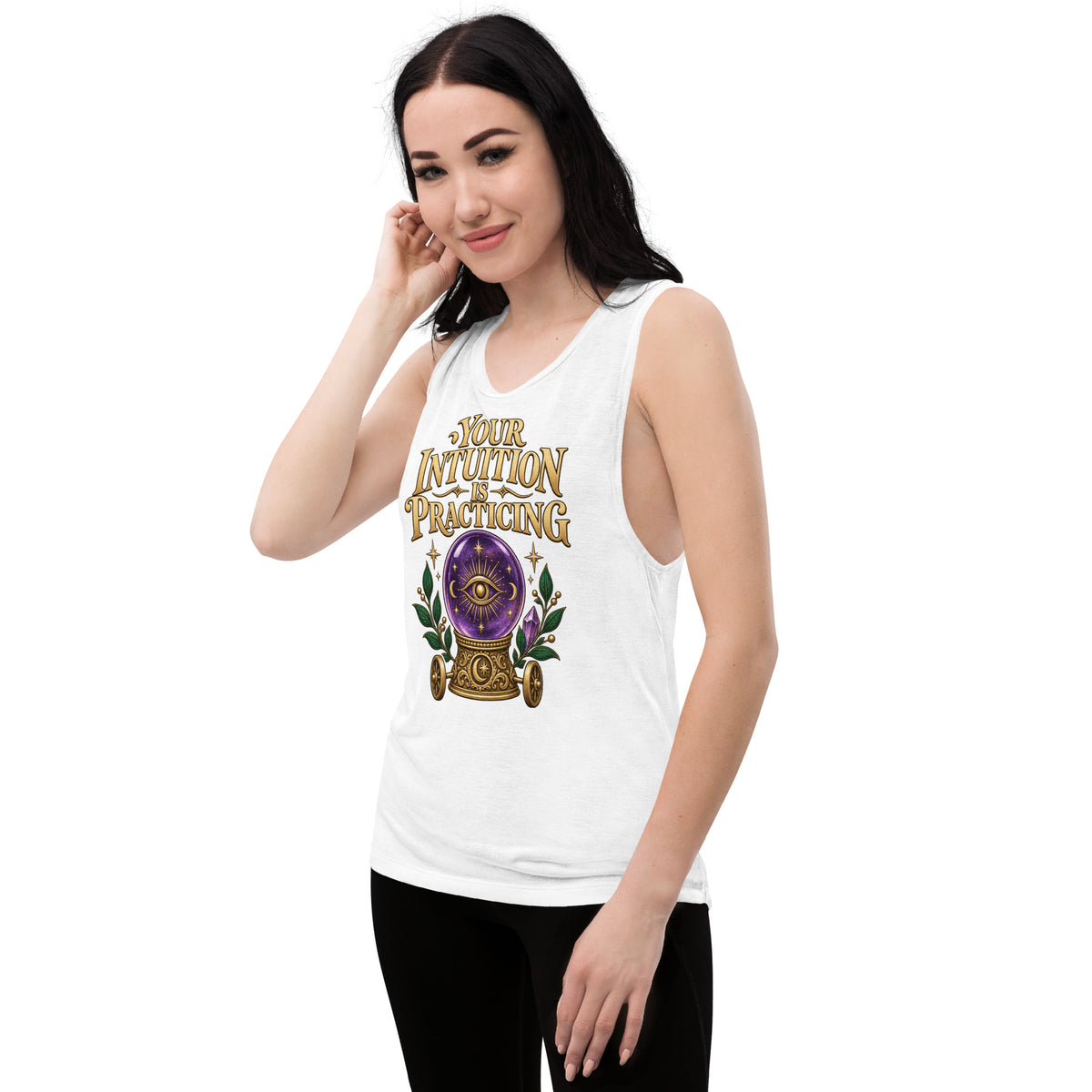 Your Intuition Is Practicing design, on a white ladies' muscle tank, angled left front view