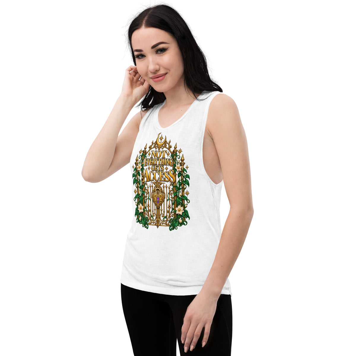 Not Everything Gets Access design, an ornate gold gate framed by ivy and white jasmine, on a white ladies' muscle tank, angled left front view