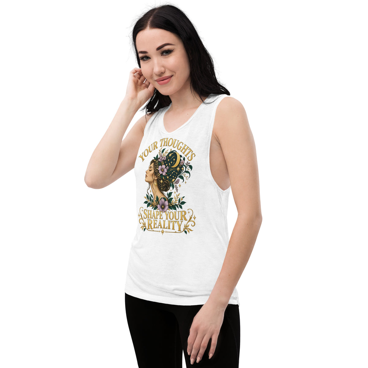 Your Thoughts Shape Your Reality ladies' muscle tank in white, worn and turned to the left, showing the side seam and drape.