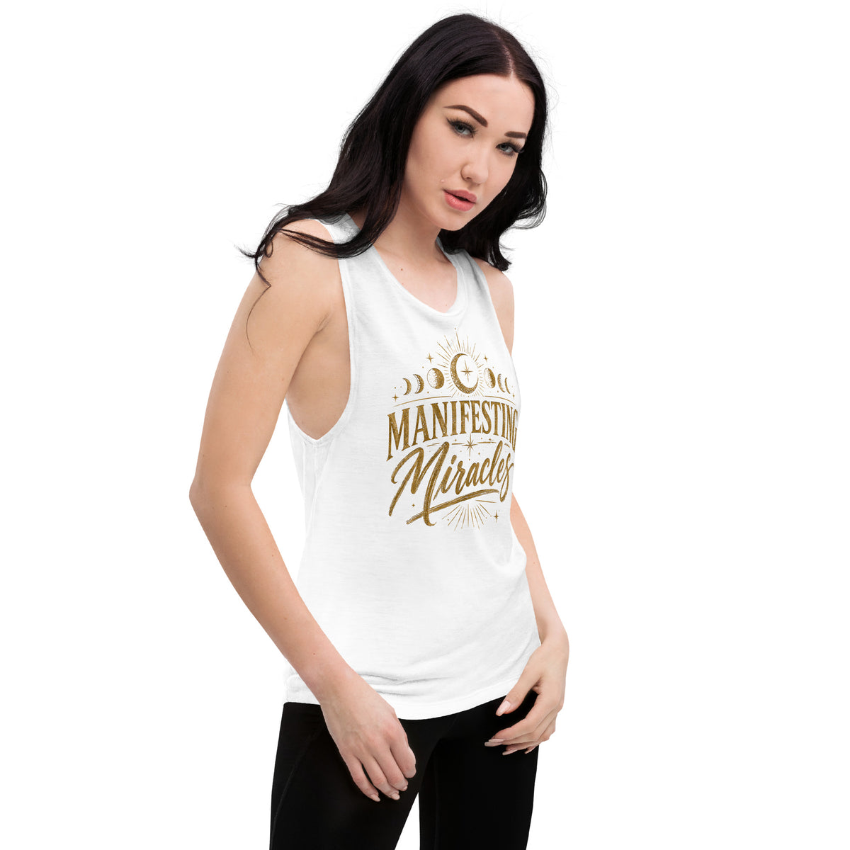Manifesting Miracles design with moon phases in antique gold, on a white ladies' muscle tank, angled right front view
