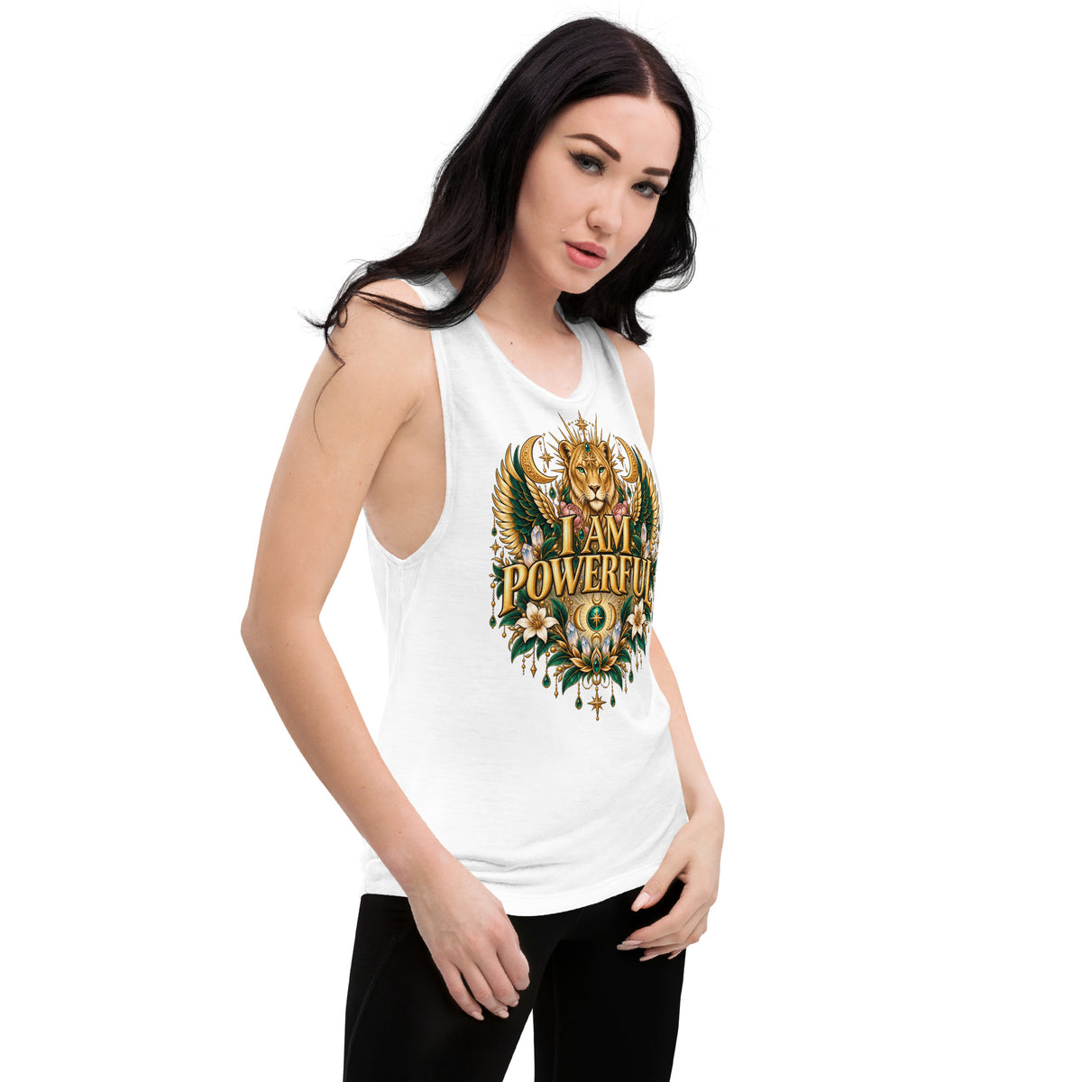 I Am Powerful affirmation design, a crowned winged lioness, on a white ladies' muscle tank, angled right front view