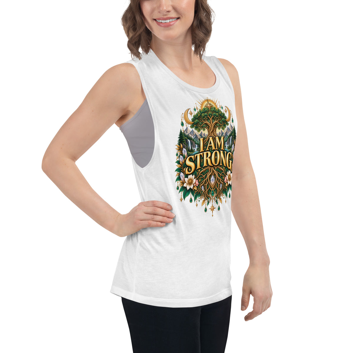 I Am Strong affirmation design, a tree with roots as wide as its canopy, on a white ladies' muscle tank, angled right front view