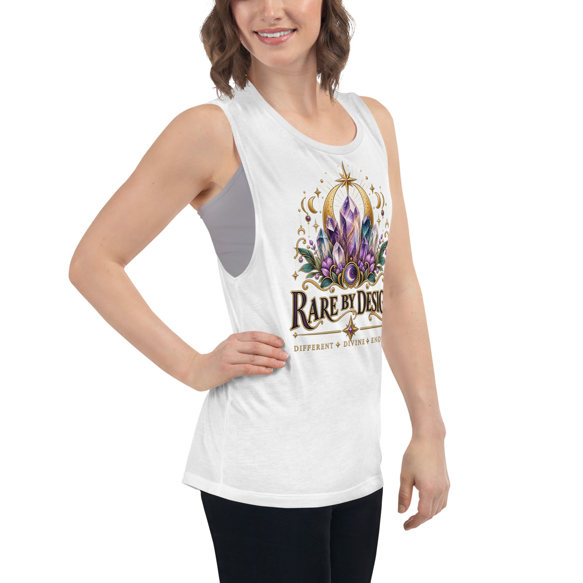 Rare By Design Crystals design, an amethyst cluster, on a white ladies' muscle tank, angled right front view