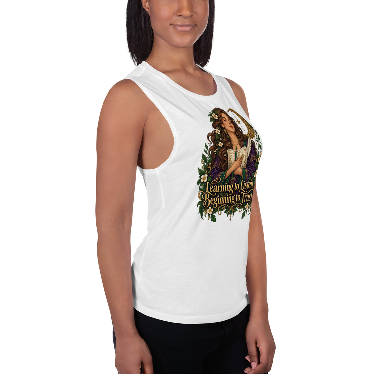Learning To Listen, Beginning To Trust design, on a white ladies' muscle tank, angled right front view