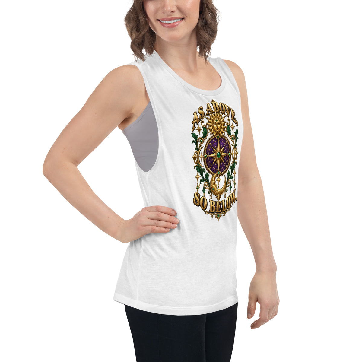 As Above, So Below astrology design, a gold sun face above a purple and gold compass rose with a crescent moon below, framed by emerald foliage, on a white ladies muscle tank, right front view