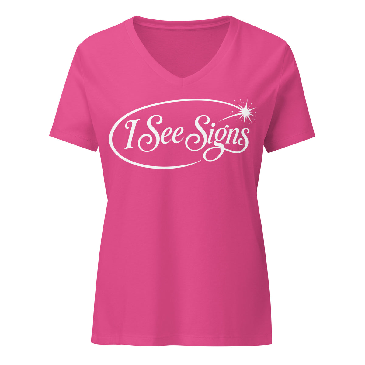 I See Signs design, the words set in white script inside a thin oval with a four-pointed star, on a berry women's relaxed v-neck t-shirt, front view