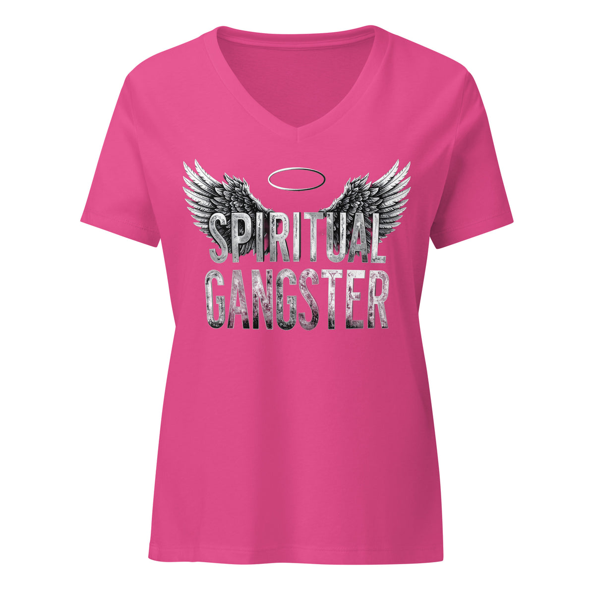 Spiritual Gangster design in white lettering, with angel wings and a halo, on a berry women's relaxed v-neck t-shirt, front view