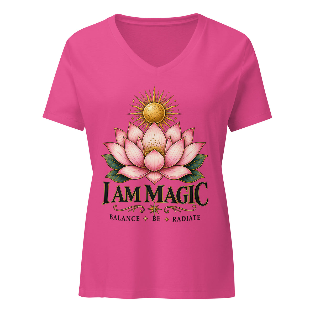 I Am Magic design with a gold lotus flower, Be Magical collection, on a berry women's relaxed v-neck t-shirt, front view