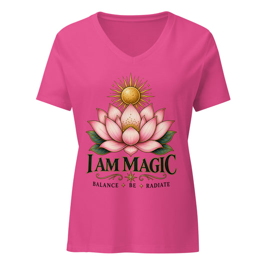 I Am Magic design with a gold lotus flower, Be Magical collection, on a berry women's relaxed v-neck t-shirt, front view
