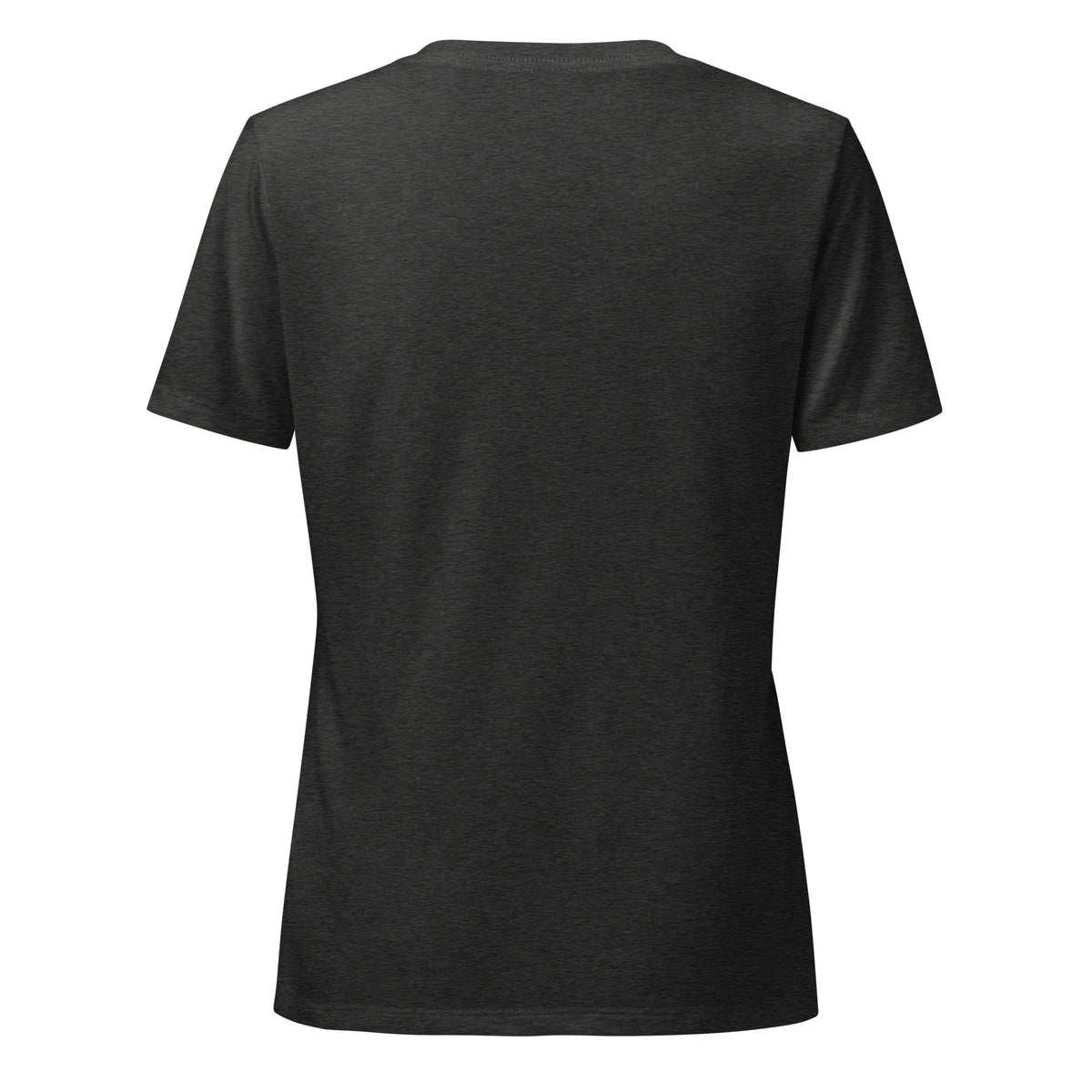 I See Signs design, the words set in black script inside a thin oval with a four-pointed star, on a dark grey heather women’s relaxed v-neck t-shirt, back view