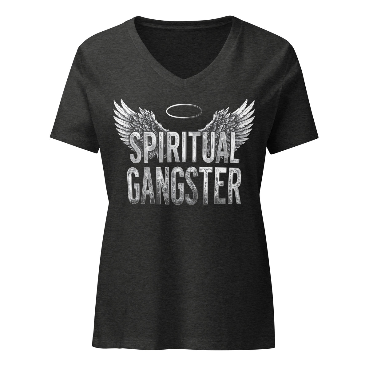 Spiritual Gangster design in white lettering, with angel wings and a halo, on a dark grey heather women's relaxed v-neck t-shirt, front view