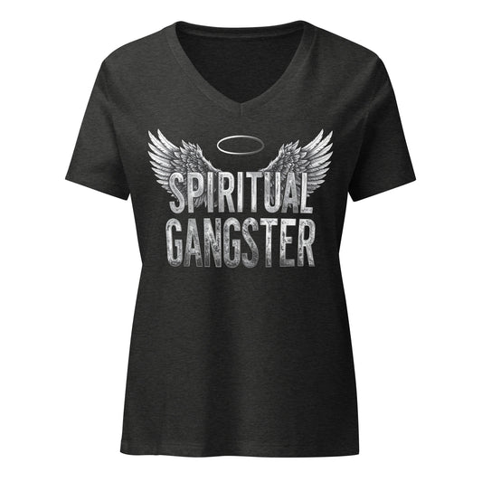 Spiritual Gangster design in white lettering, with angel wings and a halo, on a dark grey heather women's relaxed v-neck t-shirt, front view