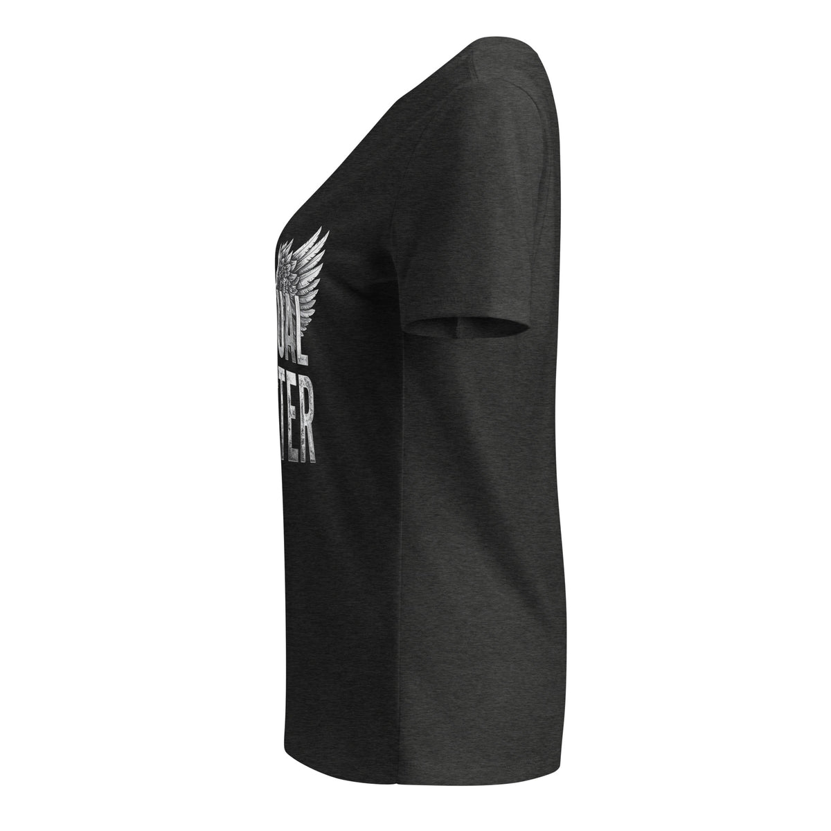 Spiritual Gangster design in white lettering, with angel wings and a halo, on a dark grey heather women's relaxed v-neck t-shirt, left side view