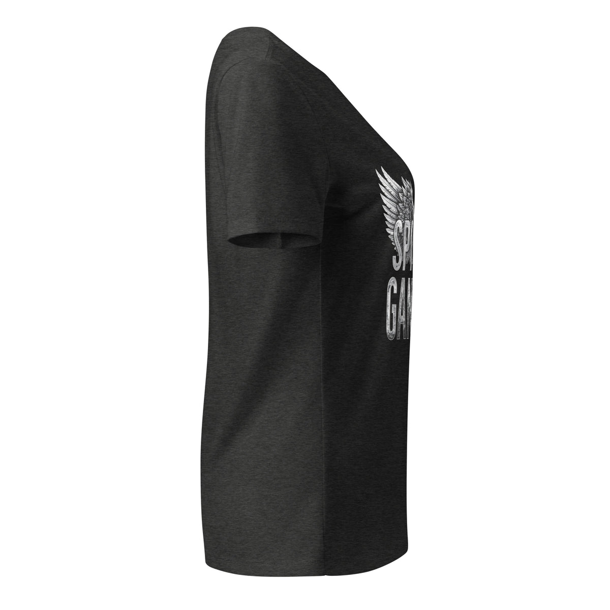 Spiritual Gangster design in white lettering, with angel wings and a halo, on a dark grey heather women's relaxed v-neck t-shirt, right side view