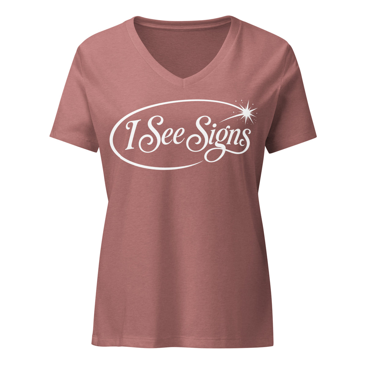 I See Signs design, the words set in black script inside a thin oval with a four-pointed star, on a heather mauve women’s relaxed v-neck t-shirt, front view