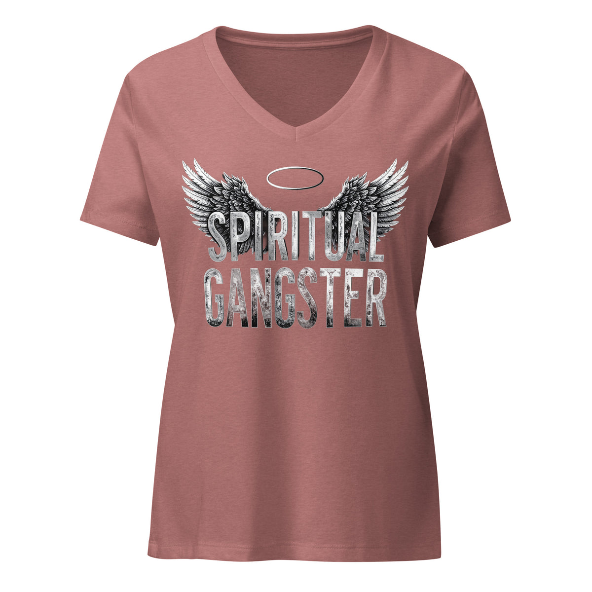 Spiritual Gangster design in white lettering, with angel wings and a halo, on a heather mauve women's relaxed v-neck t-shirt, front view