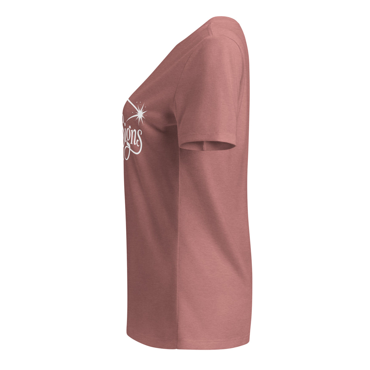 I See Signs design, the words set in black script inside a thin oval with a four-pointed star, on a heather mauve women’s relaxed v-neck t-shirt, left side view