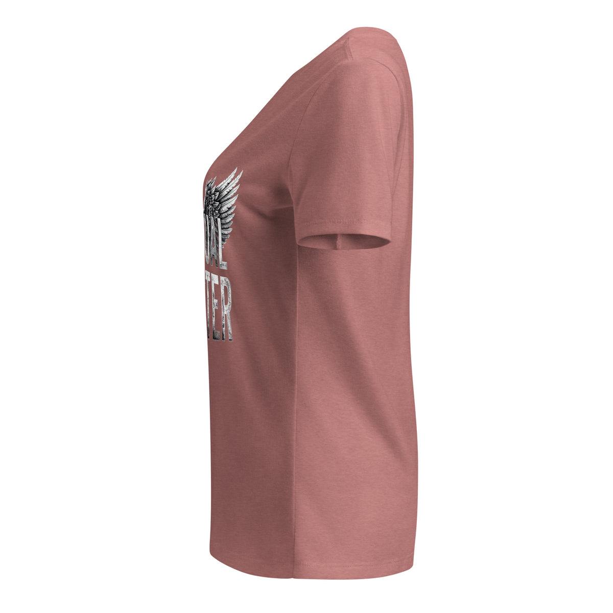 Spiritual Gangster design in white lettering, with angel wings and a halo, on a heather mauve women's relaxed v-neck t-shirt, left side view