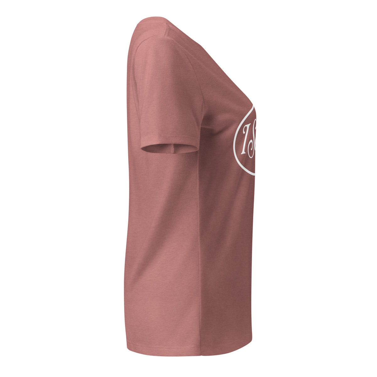 I See Signs design, the words set in black script inside a thin oval with a four-pointed star, on a heather mauve women’s relaxed v-neck t-shirt, right side view