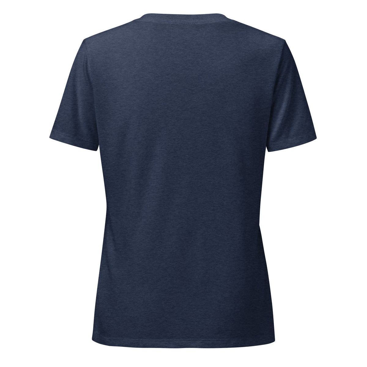 Spiritual Gangster design in white lettering, with angel wings and a halo, on a heather navy women's relaxed v-neck t-shirt, back view