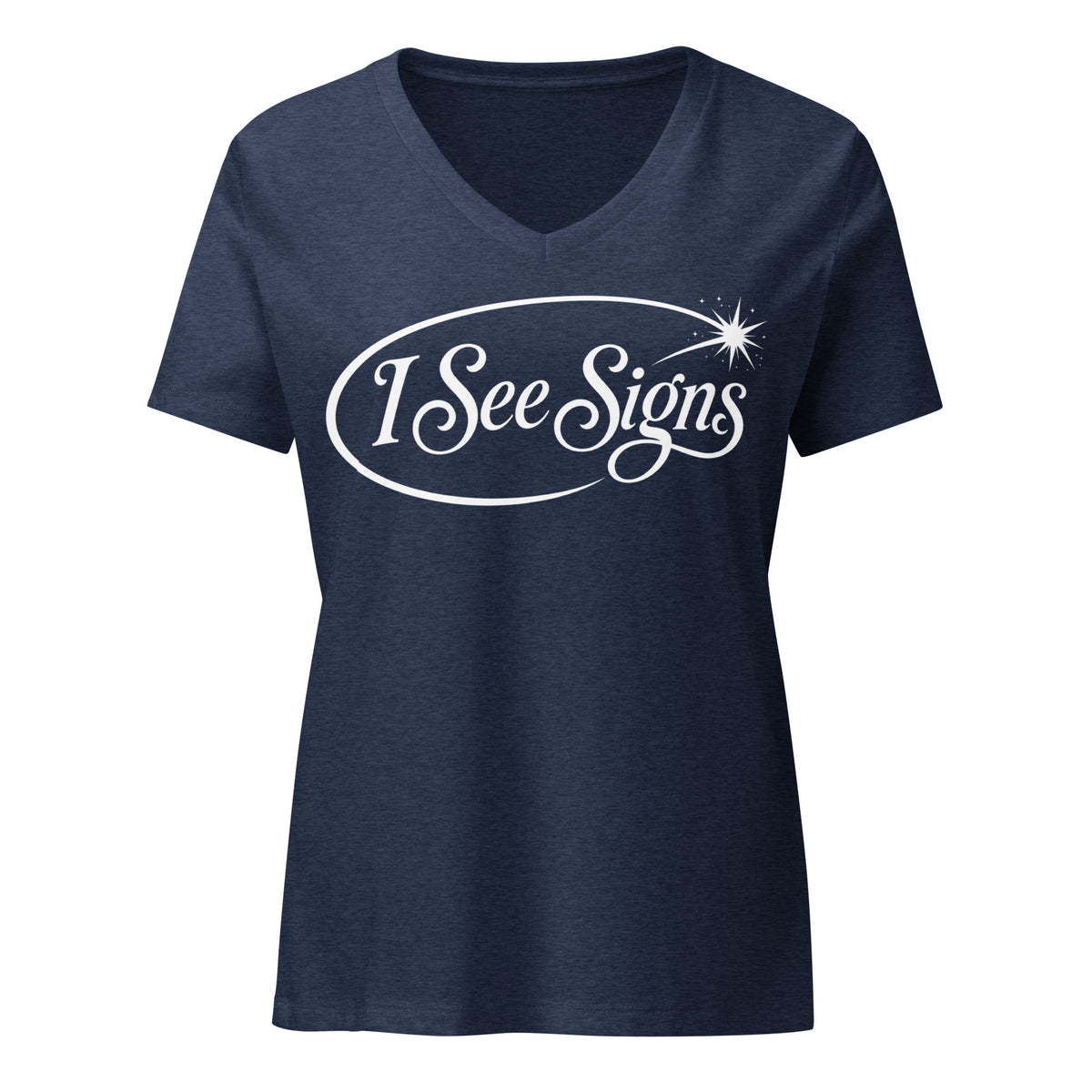 I See Signs design, the words set in white script inside a thin oval with a four-pointed star, on a heather navy women's relaxed v-neck t-shirt, front view