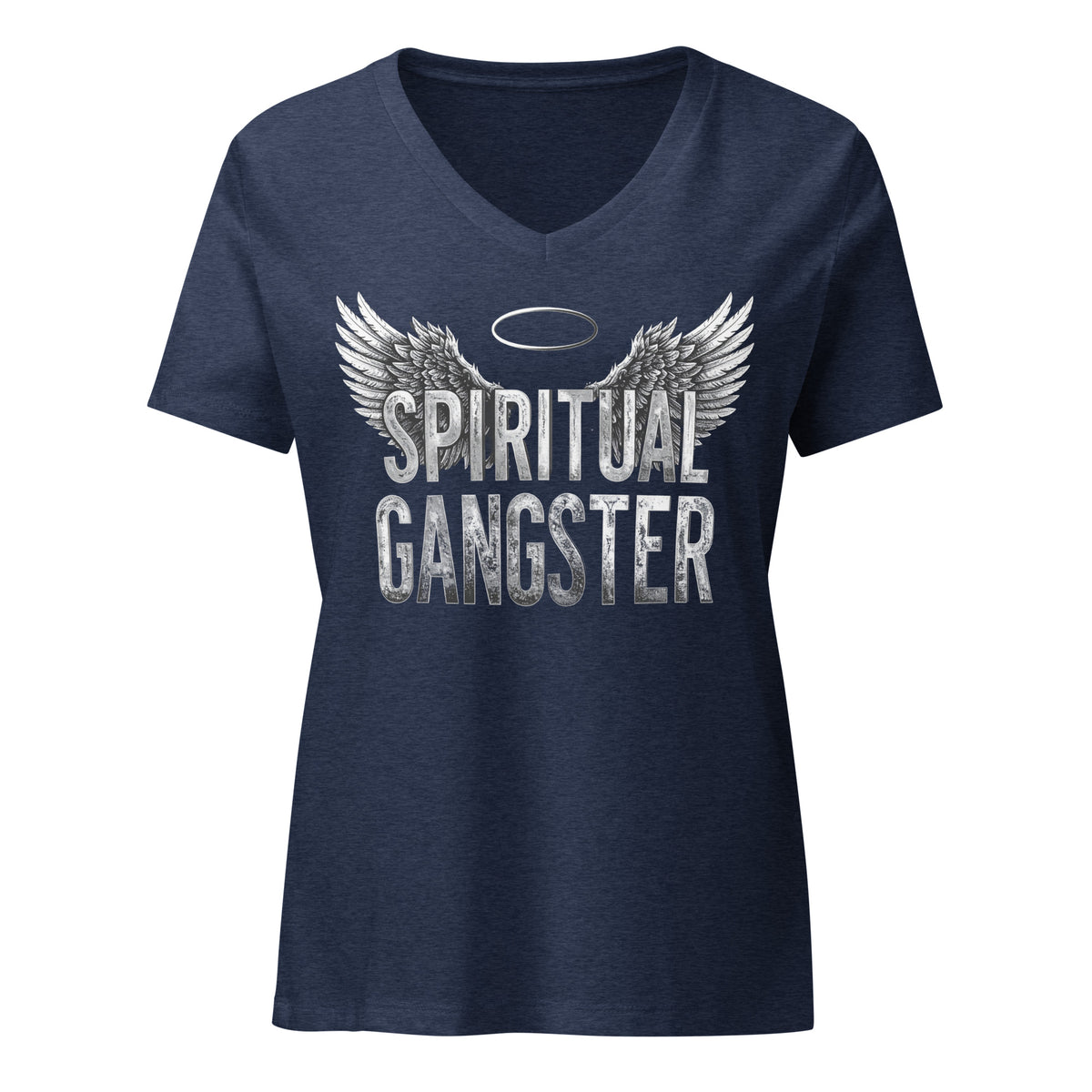 Spiritual Gangster design in white lettering, with angel wings and a halo, on a heather navy women's relaxed v-neck t-shirt, front view