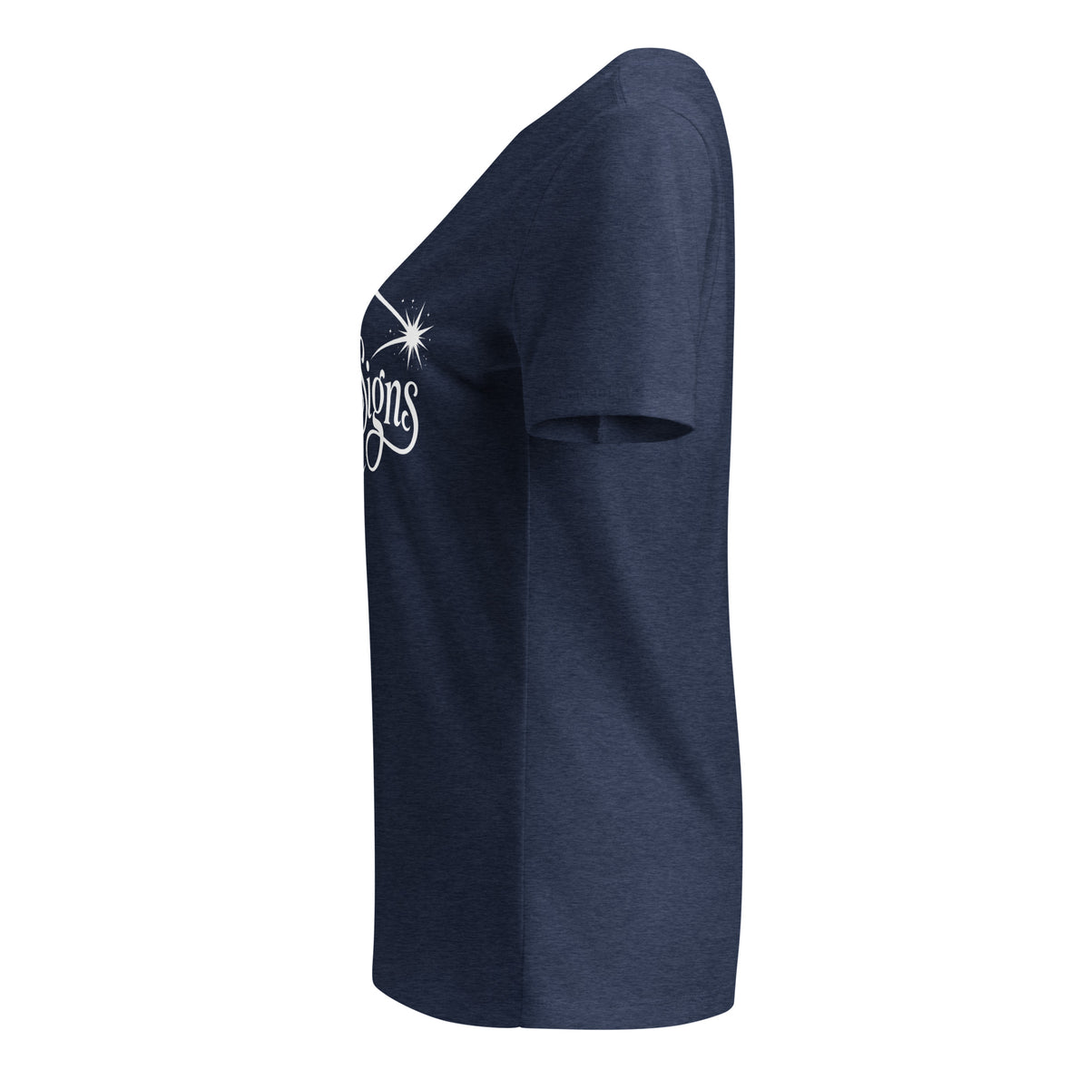 I See Signs design, the words set in white script inside a thin oval with a four-pointed star, on a heather navy women's relaxed v-neck t-shirt, left side view