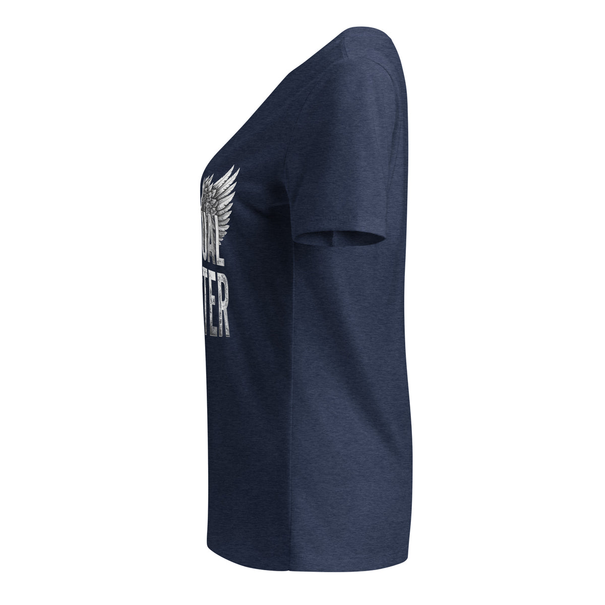 Spiritual Gangster design in white lettering, with angel wings and a halo, on a heather navy women's relaxed v-neck t-shirt, left side view
