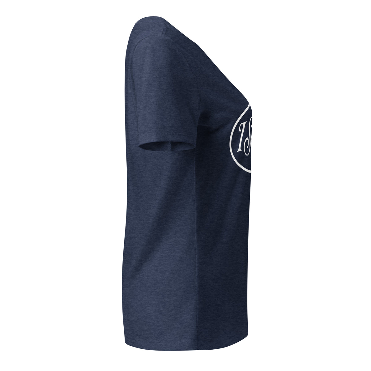 I See Signs design, the words set in white script inside a thin oval with a four-pointed star, on a heather navy women's relaxed v-neck t-shirt, right side view