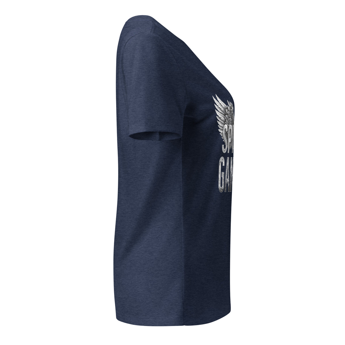 Spiritual Gangster design in white lettering, with angel wings and a halo, on a heather navy women's relaxed v-neck t-shirt, right side view