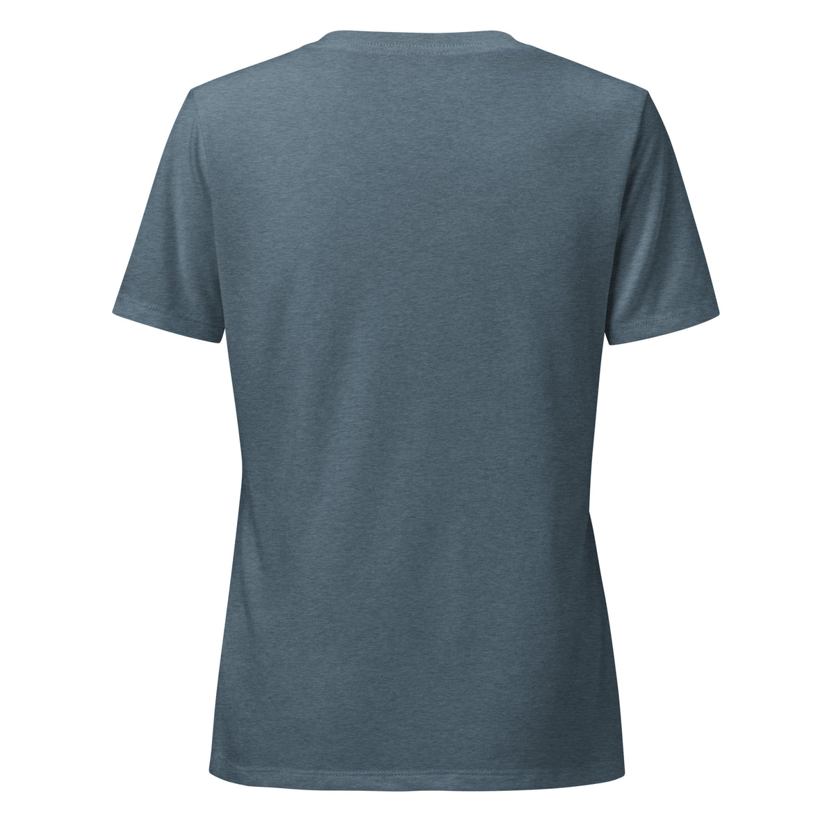 Spiritual Gangster design in white lettering, with angel wings and a halo, on a heather slate women's relaxed v-neck t-shirt, back view