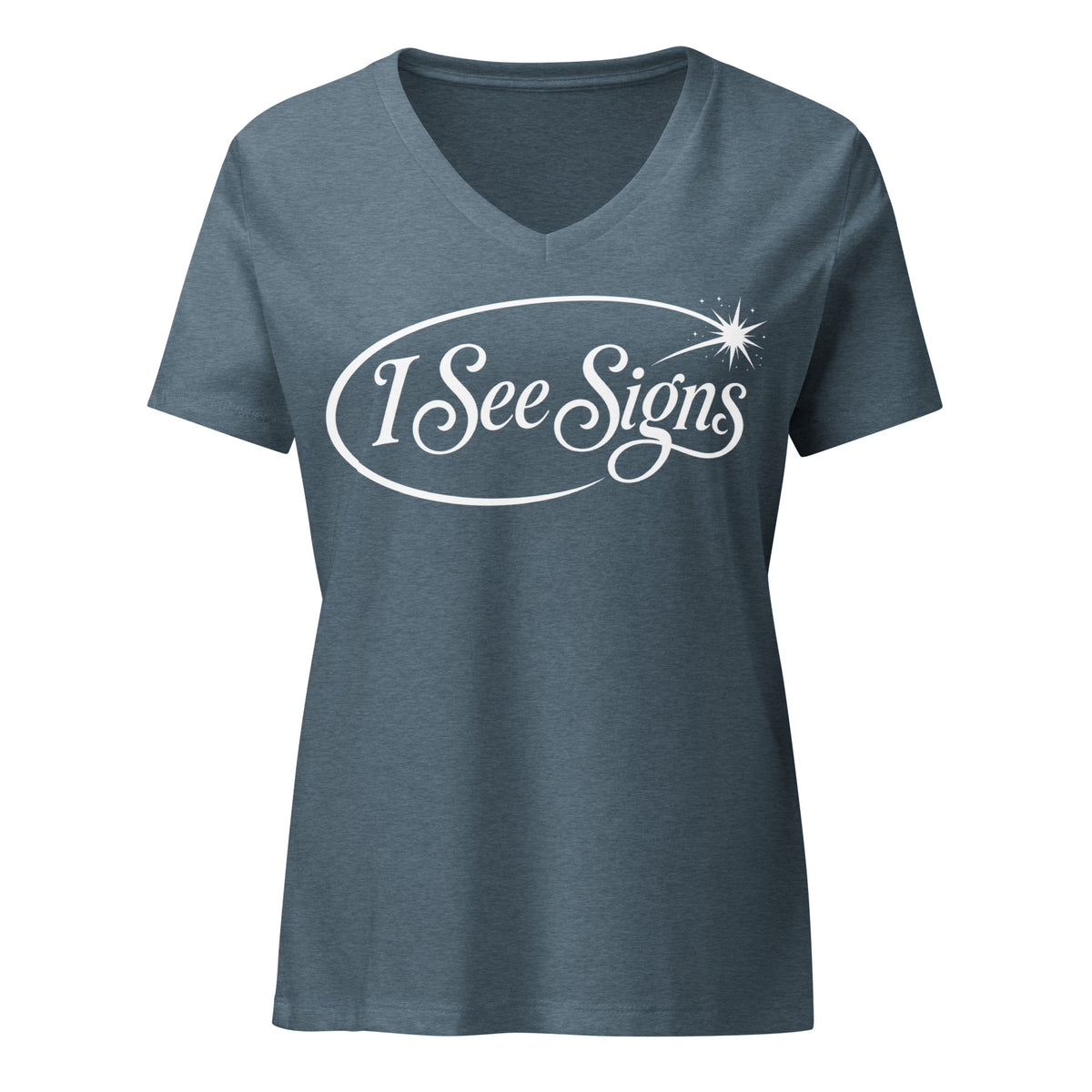 I See Signs design, the words set in white script inside a thin oval with a four-pointed star, on a heather slate women's relaxed v-neck t-shirt, front view
