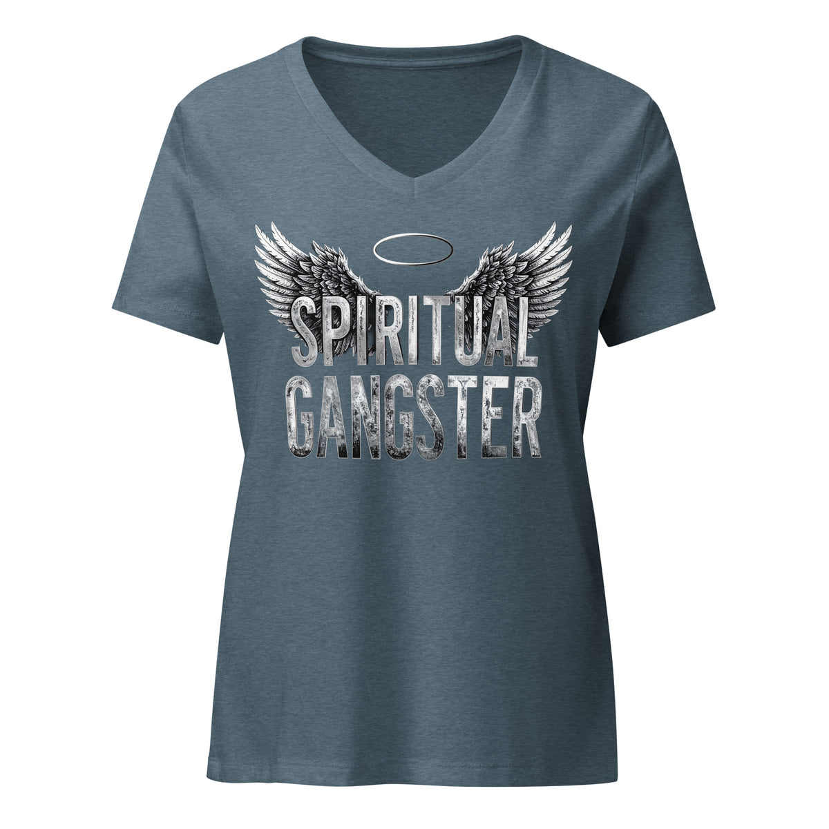 Spiritual Gangster design in white lettering, with angel wings and a halo, on a heather slate women's relaxed v-neck t-shirt, front view