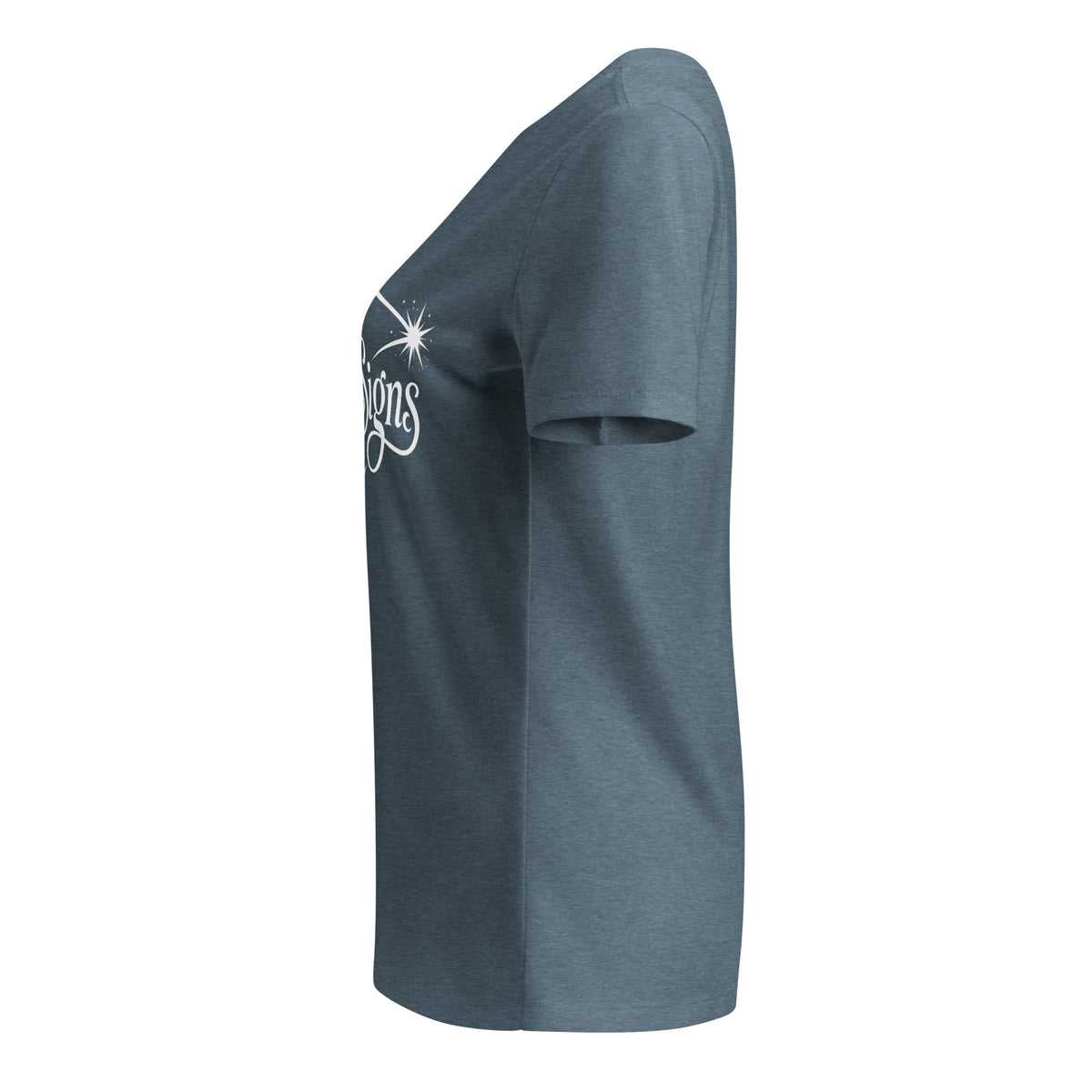 I See Signs design, the words set in white script inside a thin oval with a four-pointed star, on a heather slate women's relaxed v-neck t-shirt, left side view