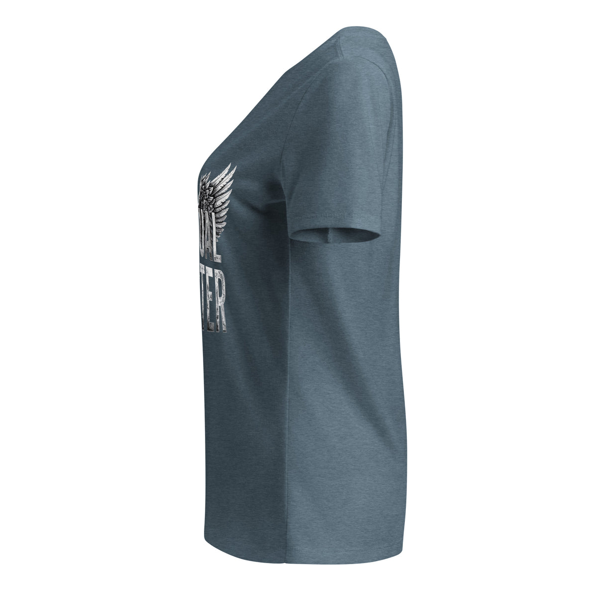 Spiritual Gangster design in white lettering, with angel wings and a halo, on a heather slate women's relaxed v-neck t-shirt, left side view
