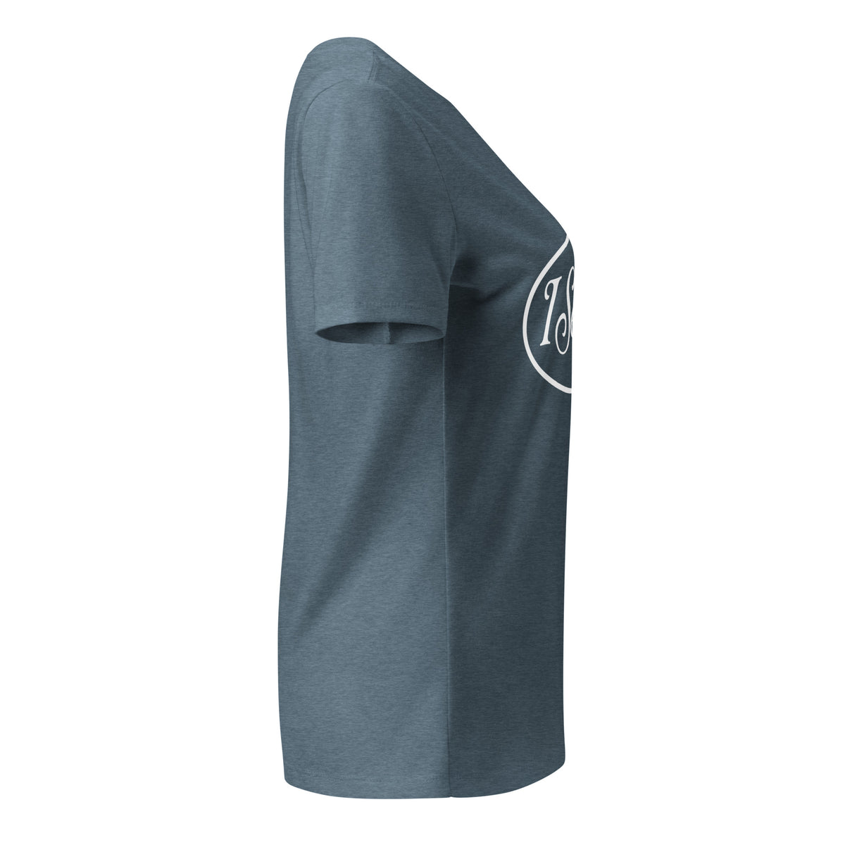 I See Signs design, the words set in white script inside a thin oval with a four-pointed star, on a heather slate women's relaxed v-neck t-shirt, right side view