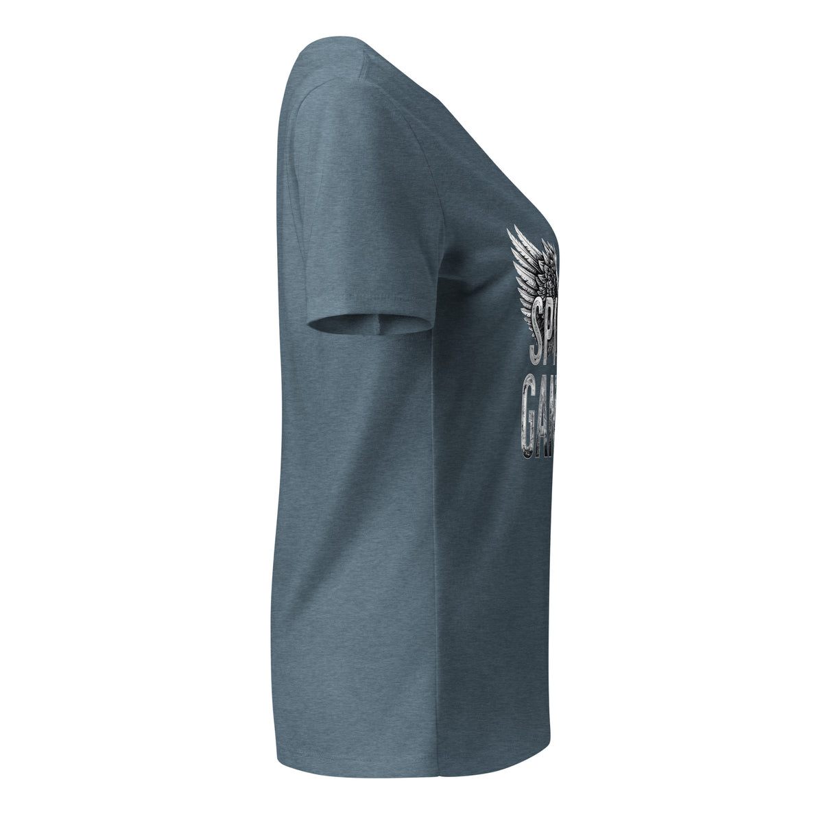 Spiritual Gangster design in white lettering, with angel wings and a halo, on a heather slate women's relaxed v-neck t-shirt, right side view