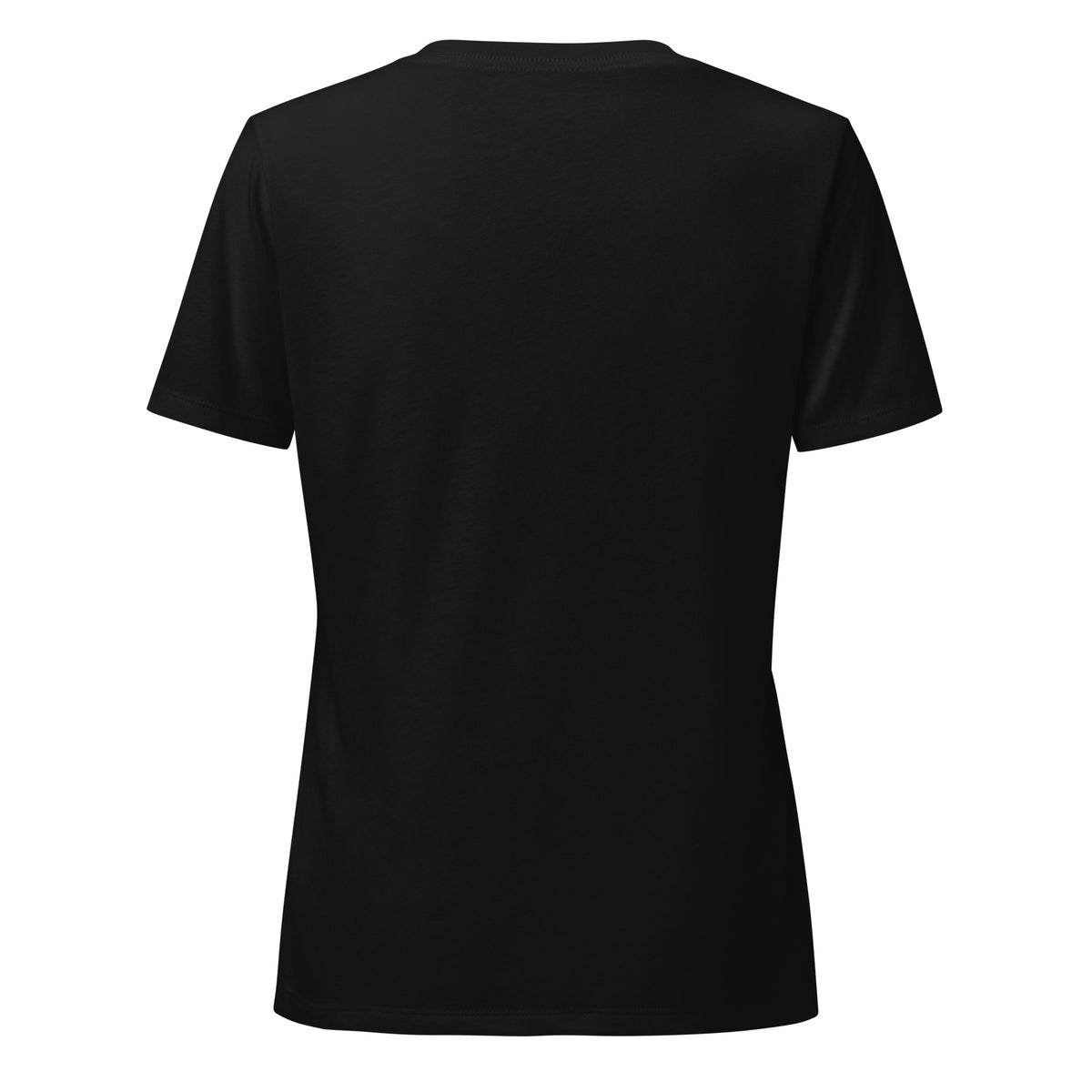 I See Signs design, the words set in black script inside a thin oval with a four-pointed star, on a solid black blend women’s relaxed v-neck t-shirt, back view
