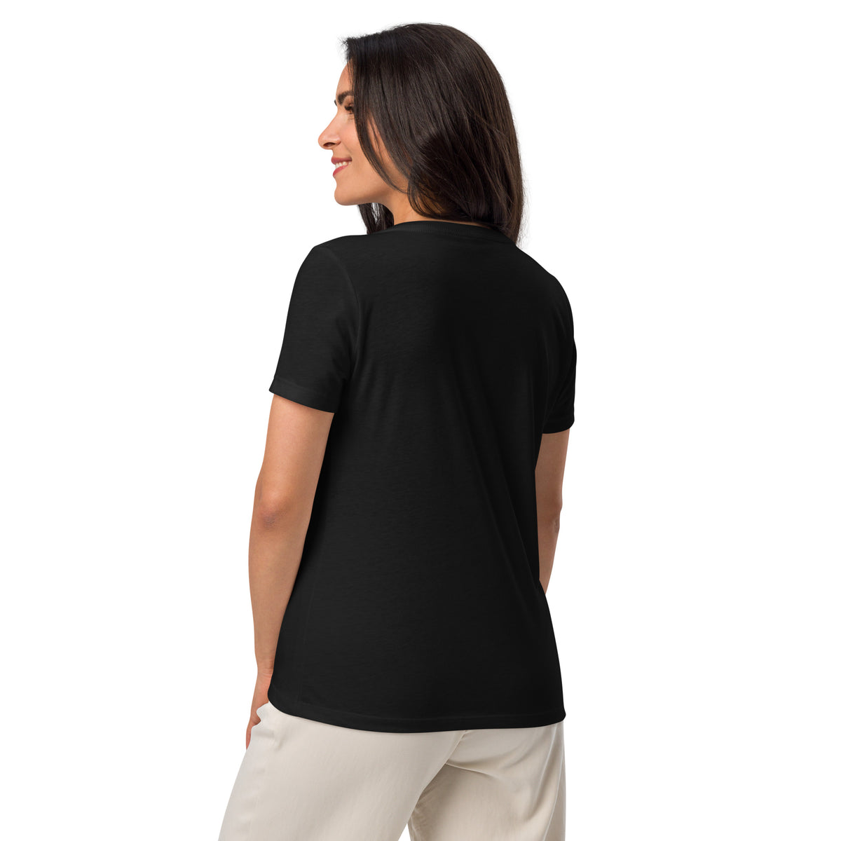 I Am Magic design with angel wings and the words Heal, Inspire, Uplift, on a solid black blend women's relaxed v-neck t-shirt, back view