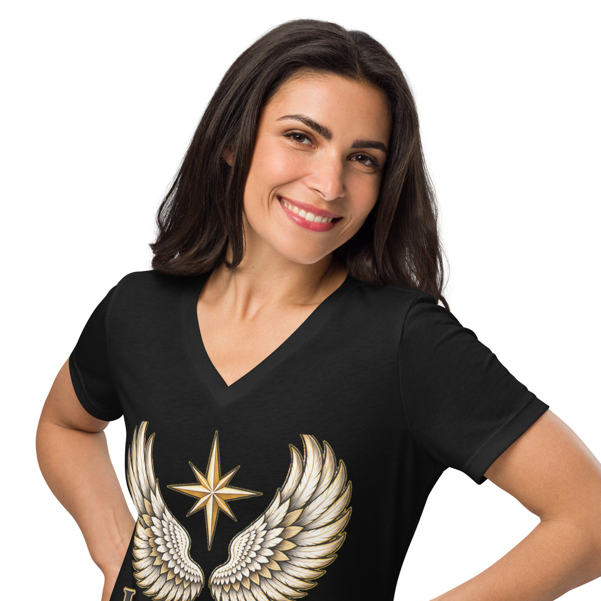 I Am Magic design with angel wings and the words Heal, Inspire, Uplift, on a solid black blend women's relaxed v-neck t-shirt, front view, alternate shot