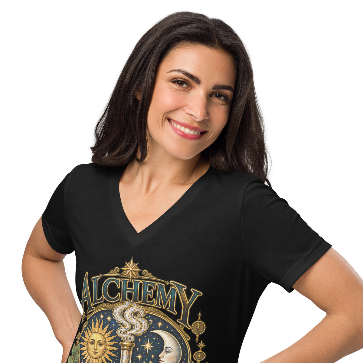 Alchemy, Turn the Ordinary Into Magic design, on a solid black blend women's relaxed v-neck t-shirt, front view, alternate shot