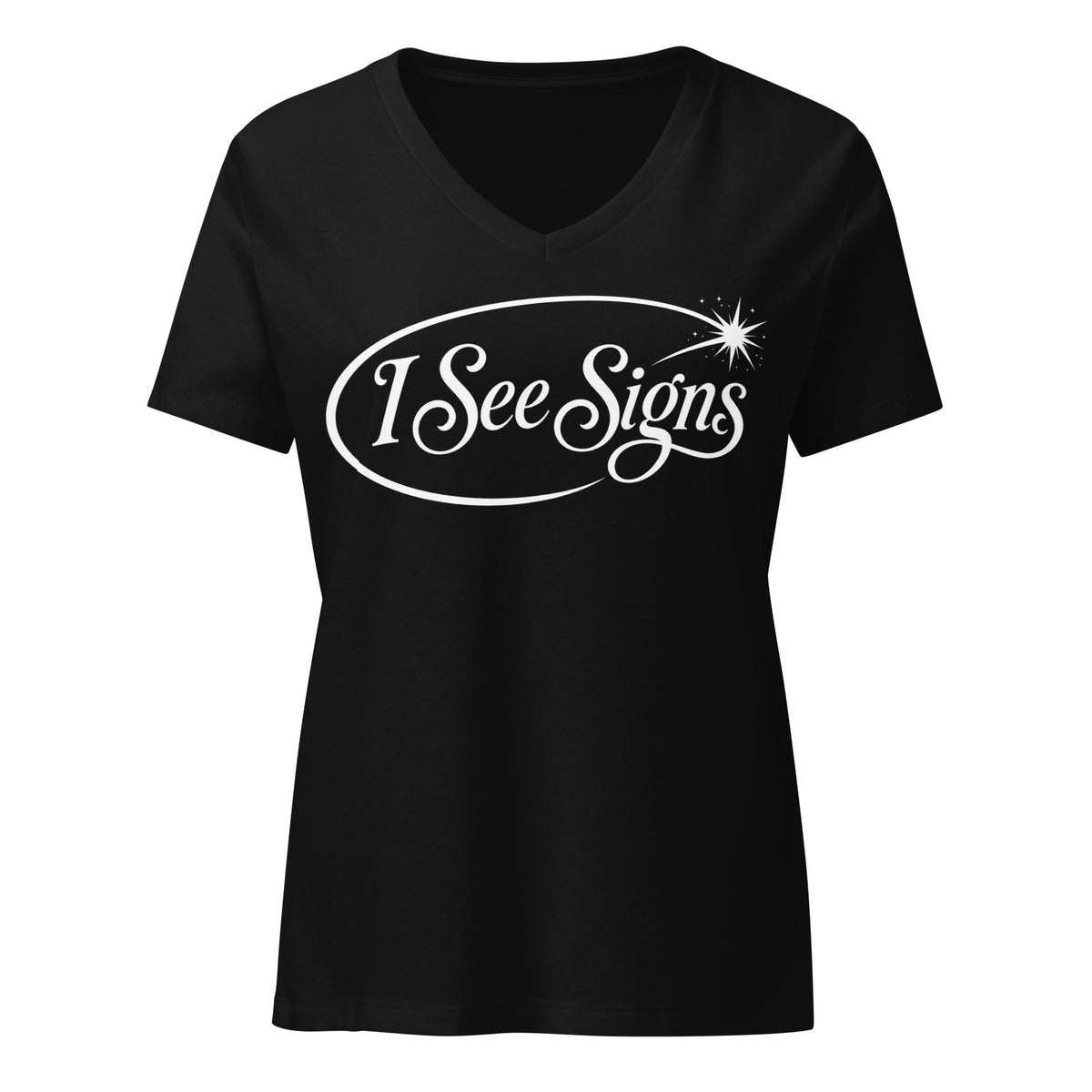 I See Signs design, the words set in black script inside a thin oval with a four-pointed star, on a solid black blend women’s relaxed v-neck t-shirt, front view