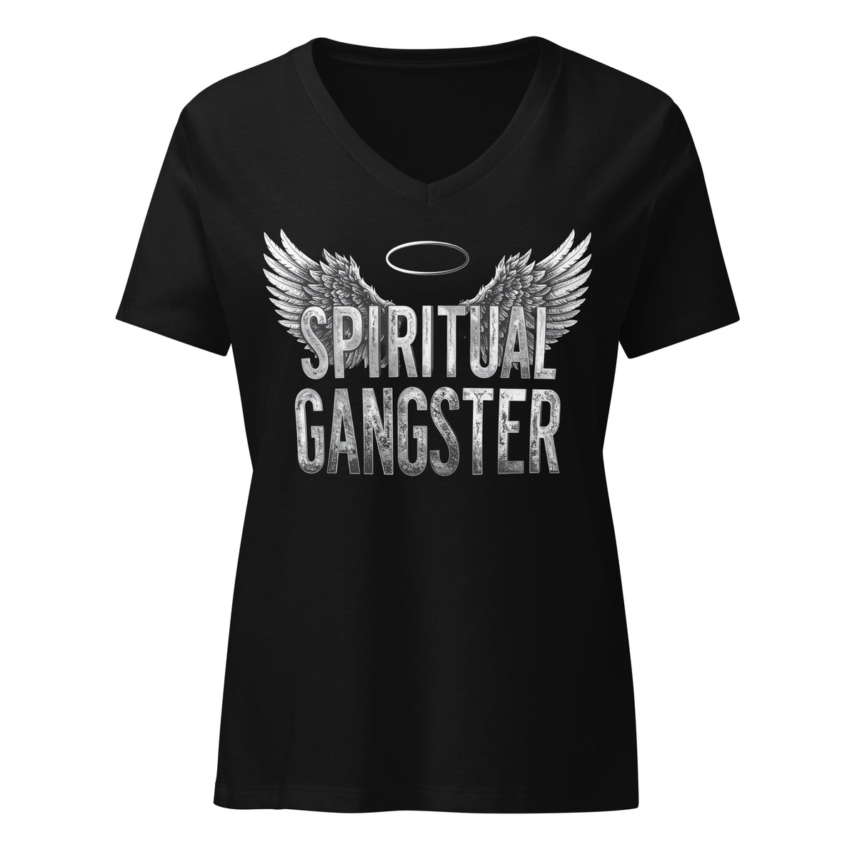 Spiritual Gangster design in white lettering, with angel wings and a halo, on a solid black blend women's relaxed v-neck t-shirt, front view